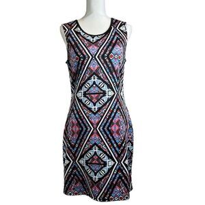 Belle‎ Tweed Stretch Print Dress Sleeveless Black with Blue Red White Size Large